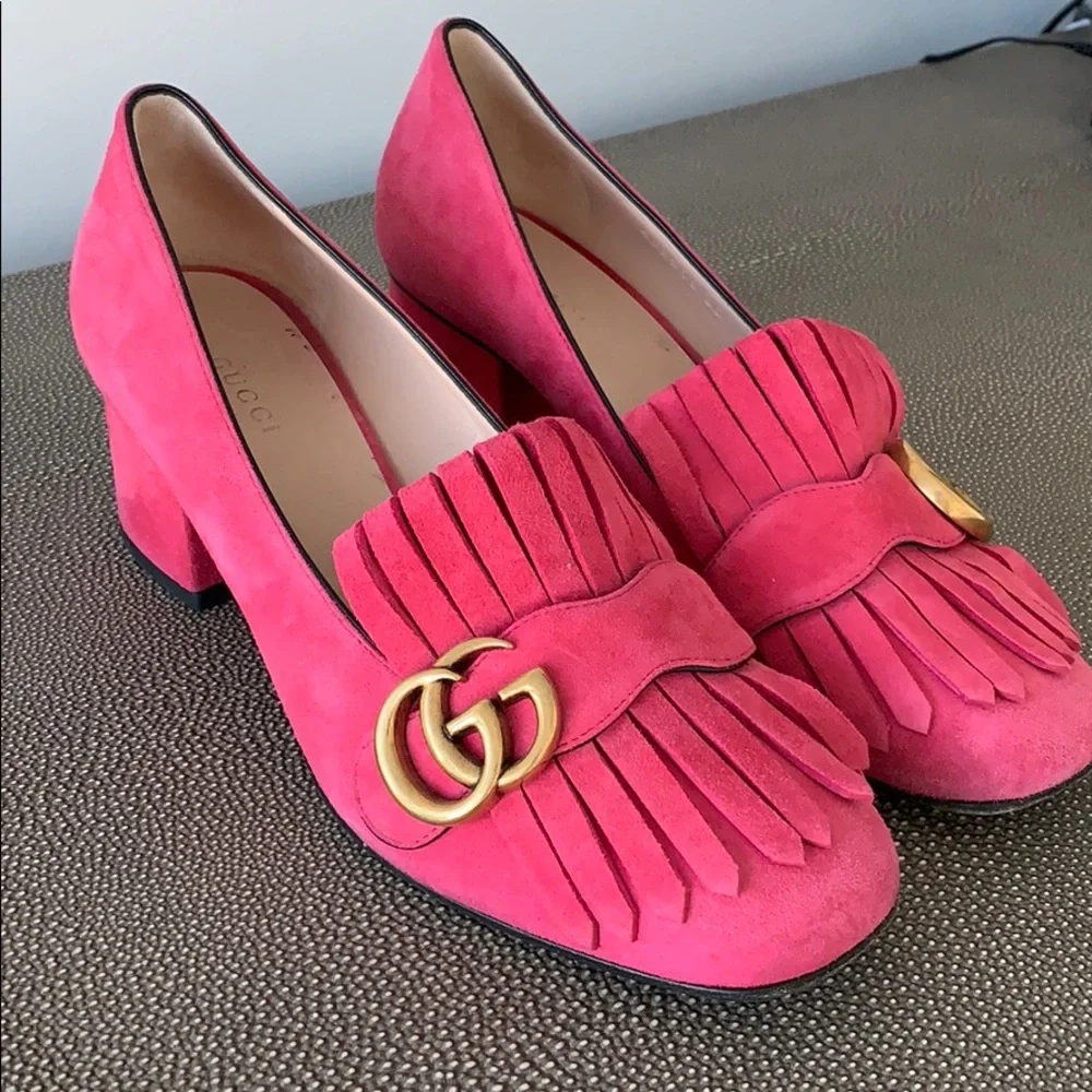 Gucci Pink Suede Block Heel Loafers with Gold Double G - Picture 4 of 5